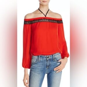 Alice and Olivia Esmeralda Off-the-Shoulder Silk Halter Top